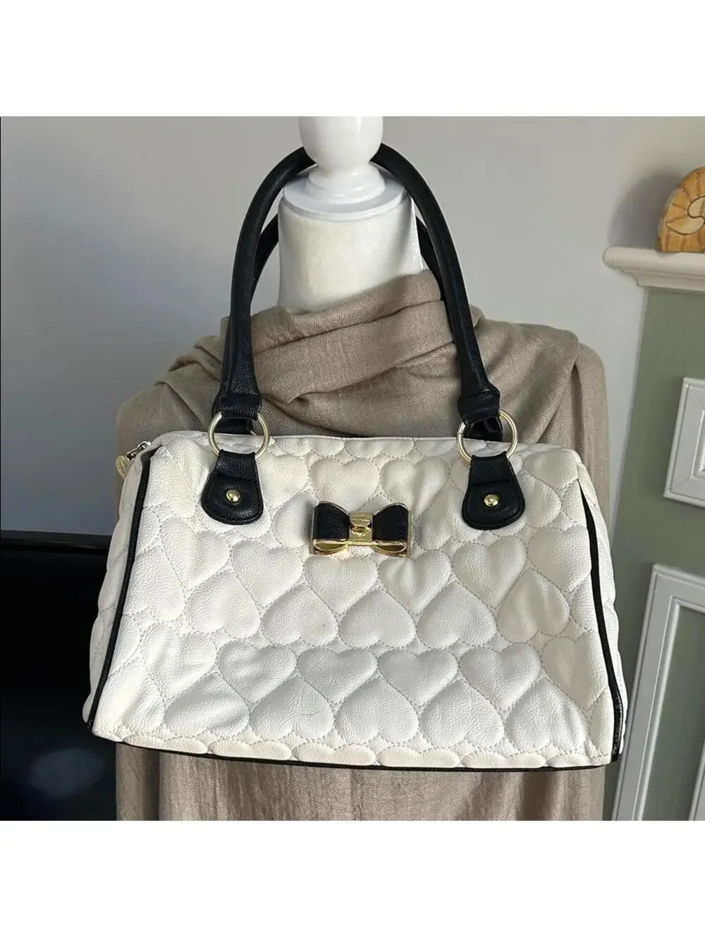 Betsey Johnson White Heart Quilted Satchel with Black Handles
